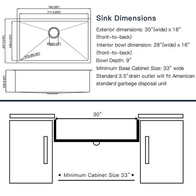 Fregaderos de cocina hechos a mano de acero inoxidable SUS304 de Undermount de un solo cuenco de 30 pulgadas