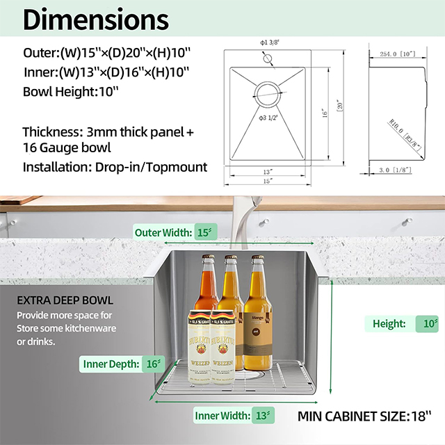 1520 descenso en el solo cuenco hecho a mano del fregadero de cocina del acero inoxidable de Topmount