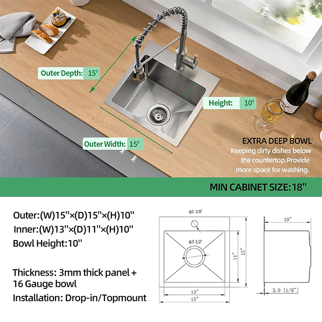 1515 descenso en el solo cuenco hecho a mano del fregadero de cocina del acero inoxidable de Topmount
